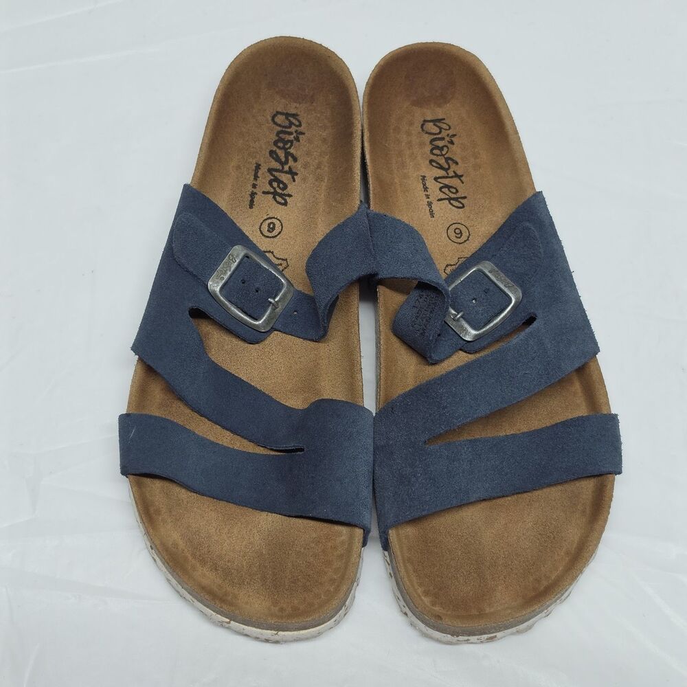 Biostep Sandals Womens 9 Slide Blue Suede Casual Comfort Buckle Strap Open Toe